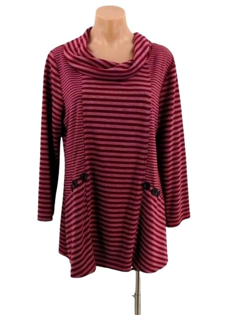 Yushi USA Womens Pink Purple Striped Tunic Size M Cowl Asymmetrical Button Trim